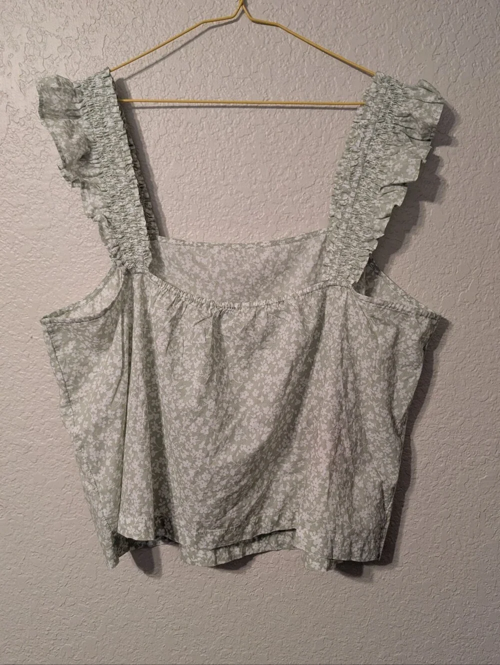 NWT J.Crew Light Mint Green & White Floral Crop Top Ruffle Sleeves, Size XXL